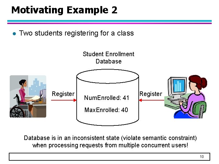 Motivating Example 2 l Two students registering for a class Student Enrollment Database Register