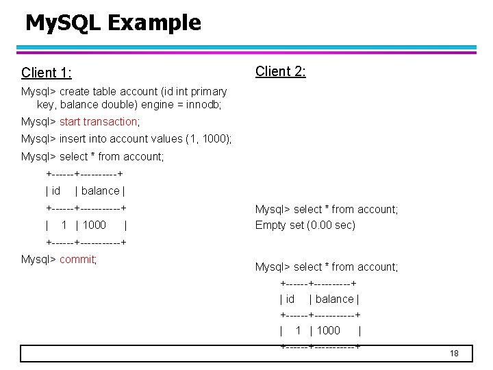 My. SQL Example Client 2: Client 1: Mysql> create table account (id int primary