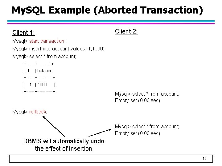 My. SQL Example (Aborted Transaction) Client 2: Client 1: Mysql> start transaction; Mysql> insert