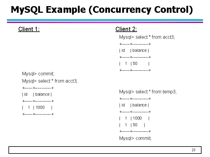 My. SQL Example (Concurrency Control) Client 1: Client 2: Mysql> select * from acct
