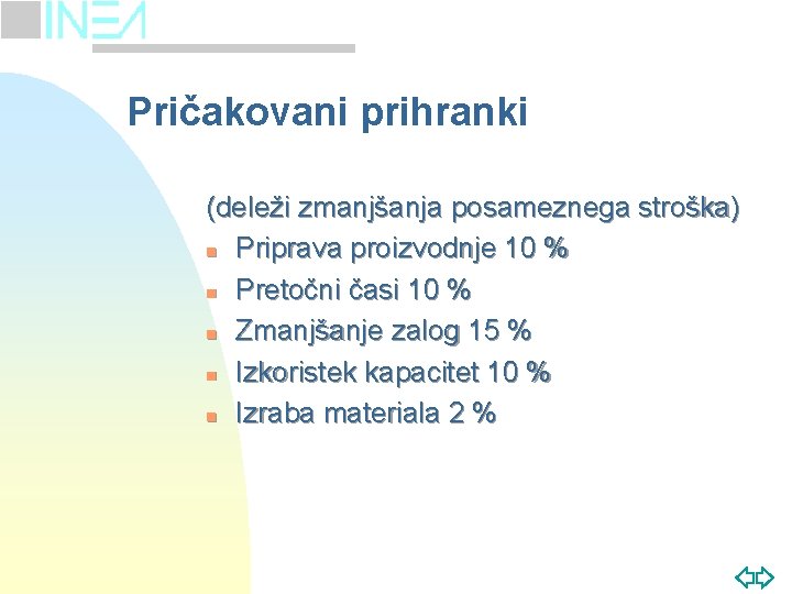 Pričakovani prihranki (deleži zmanjšanja posameznega stroška) n Priprava proizvodnje 10 % n Pretočni časi