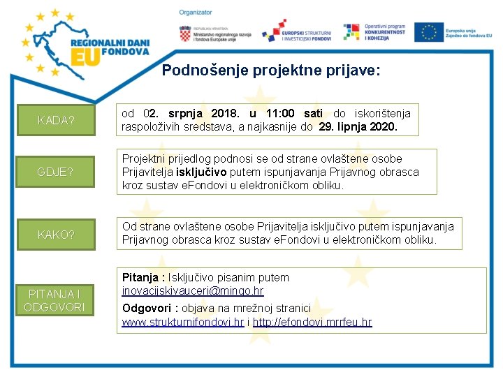 Podnošenje projektne prijave: KADA? od 02. srpnja 2018. u 11: 00 sati do iskorištenja Podnošenje projektne prijave: KADA? od 02. srpnja 2018. u 11: 00 sati do iskorištenja