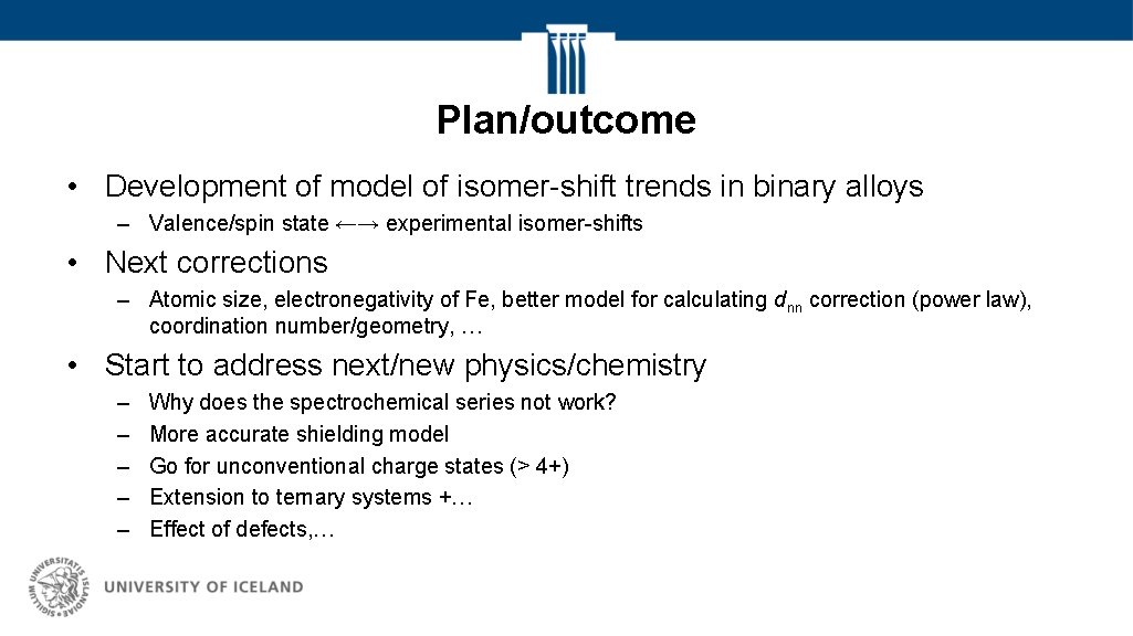 Plan/outcome • Development of model of isomer-shift trends in binary alloys – Valence/spin state