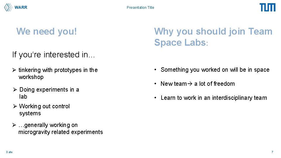 WARR We need you! Presentation Title Why you should join Team Space Labs: If