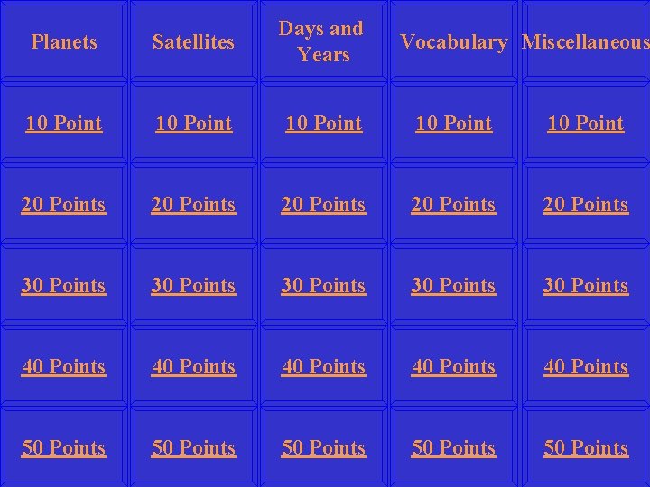 Planets Satellites Days and Years 10 Point 10 Point 20 Points 20 Points 30