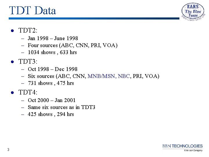 TDT Data · TDT 2: – Jan 1998 – June 1998 – Four sources TDT Data · TDT 2: – Jan 1998 – June 1998 – Four sources