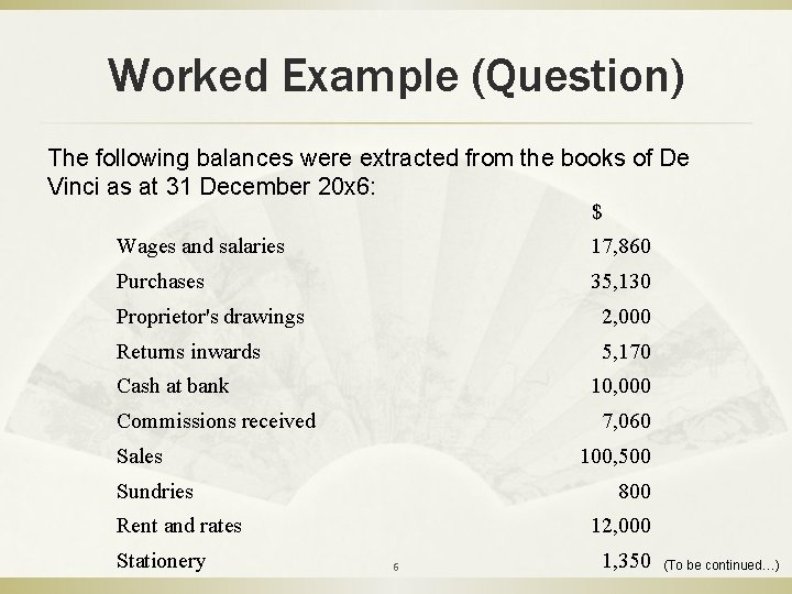 Worked Example (Question) The following balances were extracted from the books of De Vinci