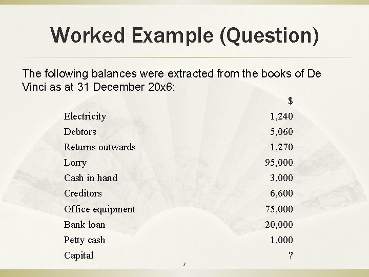 Worked Example (Question) The following balances were extracted from the books of De Vinci