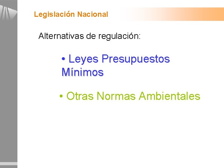 Legislación Nacional Alternativas de regulación: • Leyes Presupuestos Mínimos • Otras Normas Ambientales 