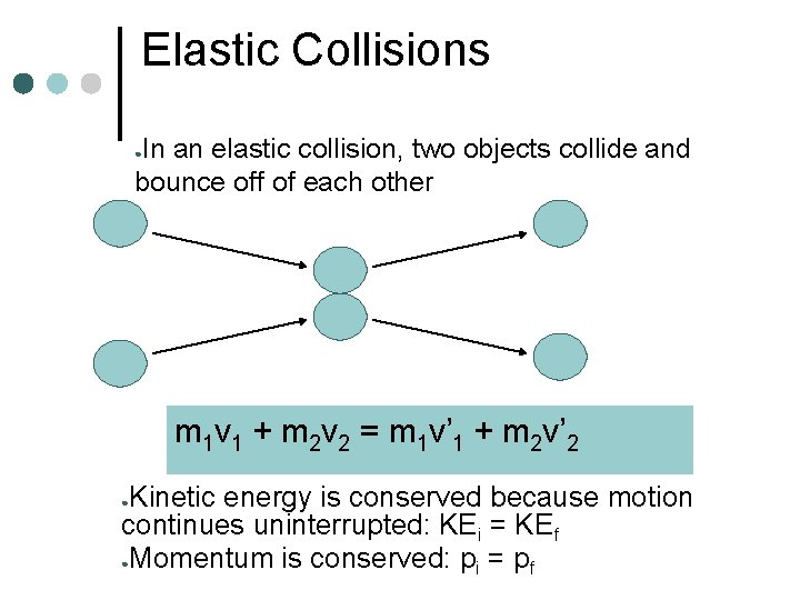 Elastic Collisions In an elastic collision, two objects collide and bounce off of each