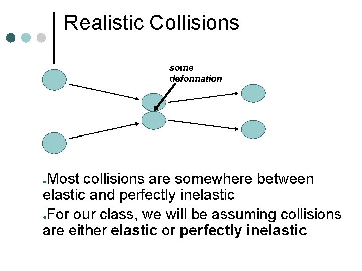 Realistic Collisions some deformation Most collisions are somewhere between elastic and perfectly inelastic ●For