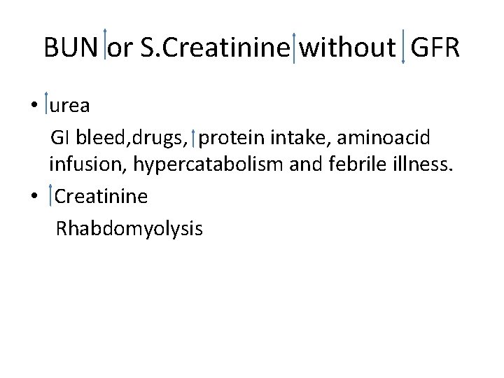 BUN or S. Creatinine without GFR • urea GI bleed, drugs, protein intake, aminoacid