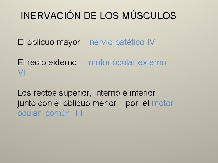 INERVACIÓN DE LOS MÚSCULOS El oblicuo mayor nervio patético IV El recto externo VI