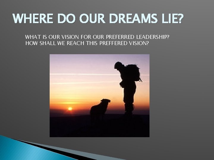 WHERE DO OUR DREAMS LIE? WHAT IS OUR VISION FOR OUR PREFERRED LEADERSHIP? HOW