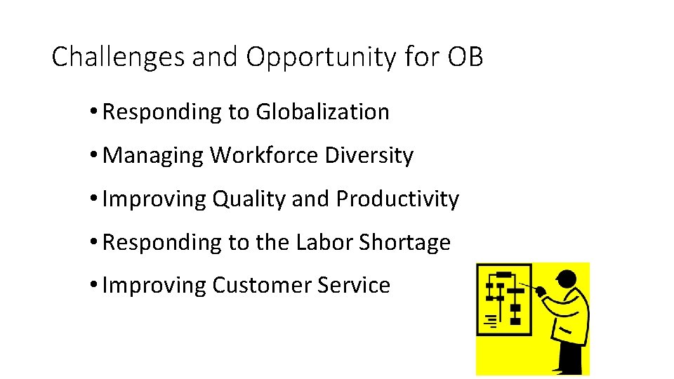 Challenges and Opportunity for OB • Responding to Globalization • Managing Workforce Diversity •