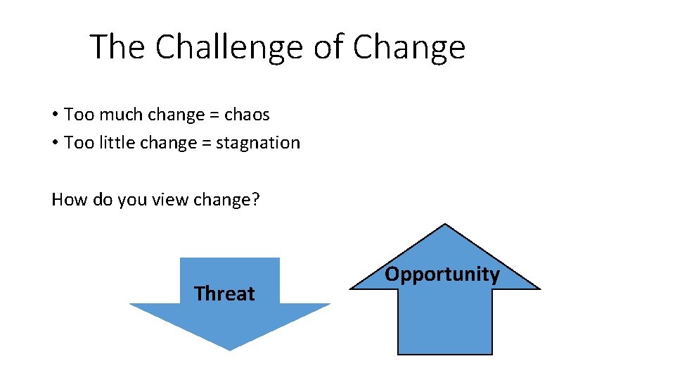 The Challenge of Change • Too much change = chaos • Too little change