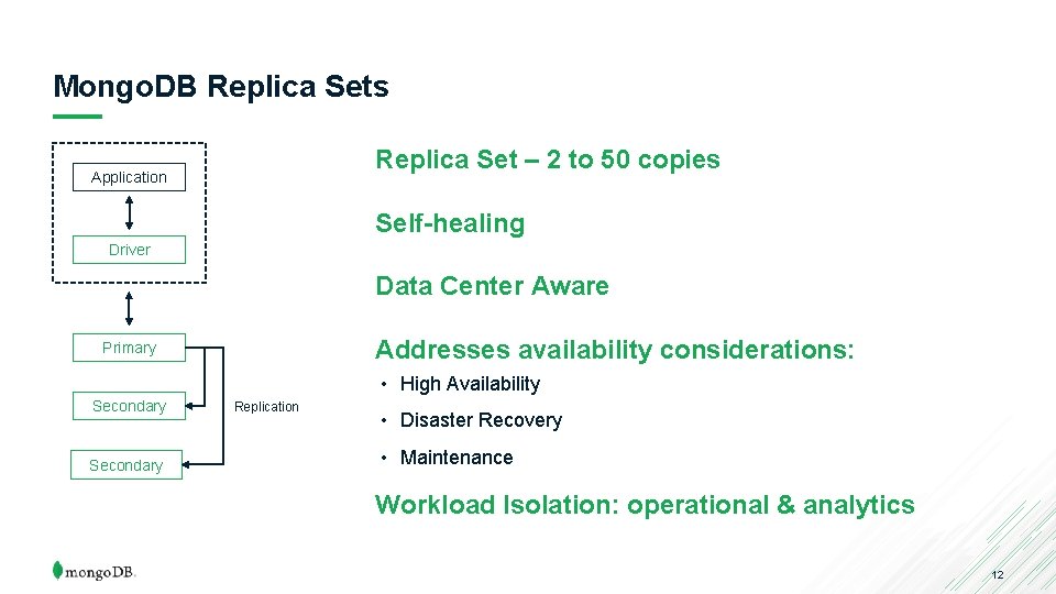 Mongo. DB Replica Sets Replica Set – 2 to 50 copies Application Self-healing Driver