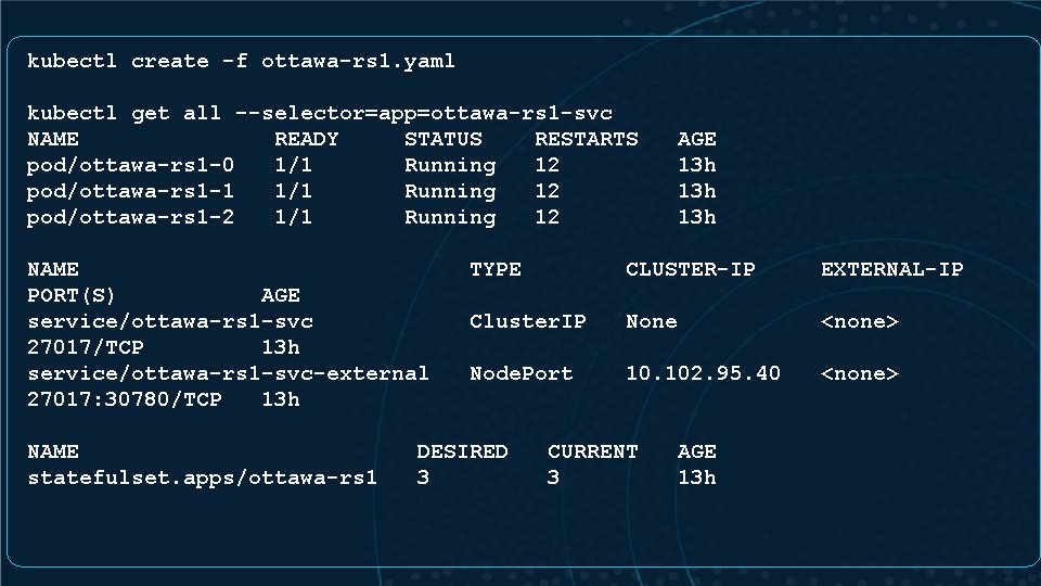 kubectl create -f ottawa-rs 1. yaml kubectl get all --selector=app=ottawa-rs 1 -svc NAME READY