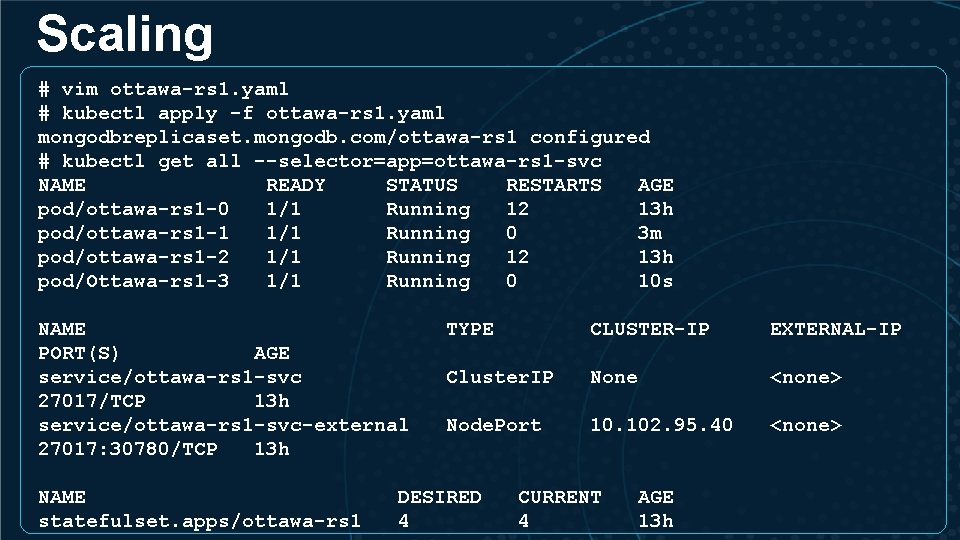 Scaling # vim ottawa-rs 1. yaml # kubectl apply -f ottawa-rs 1. yaml mongodbreplicaset.