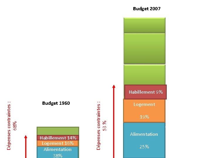 Budget 2007 Budget 1960 Habillement 14% Logement 16% Alimentation 38% Dépenses contraintes : 53