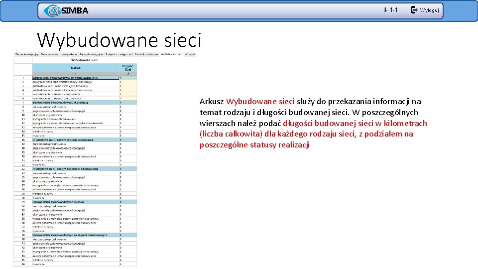 SIMBA il- 1 -1 Wyloguj Wybudowane sieci Arkusz Wybudowane sieci służy do przekazania informacji