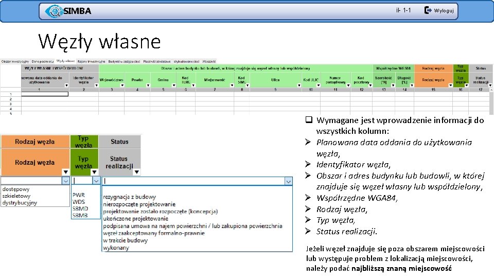 SIMBA il- 1 -1 Wyloguj Węzły własne q Wymagane jest wprowadzenie informacji do wszystkich