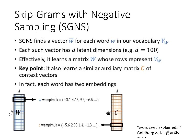 Skip-Grams with Negative Sampling (SGNS) • “word 2 vec Explained…” 28 Goldberg & Levy, Skip-Grams with Negative Sampling (SGNS) • “word 2 vec Explained…” 28 Goldberg & Levy,