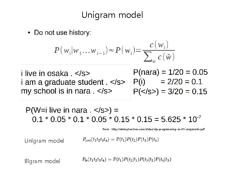 Unigram model From : http: //www. phontron. com/slides/nlp-programming-en-01 -unigramlm. pdf Unigram model Bigram model Unigram model From : http: //www. phontron. com/slides/nlp-programming-en-01 -unigramlm. pdf Unigram model Bigram model