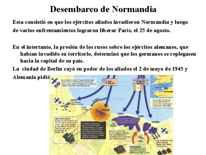 Desembarco de Normandia Esta consistió en que los ejércitos aliados invadieron Normandía y luego