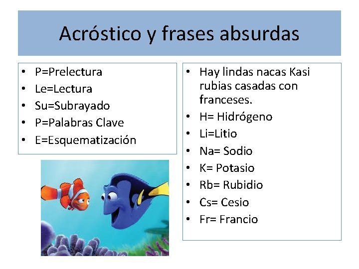 Acróstico y frases absurdas • • • P=Prelectura Le=Lectura Su=Subrayado P=Palabras Clave E=Esquematización •