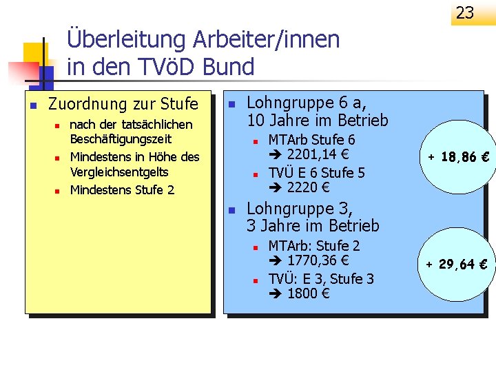 23 Überleitung Arbeiter/innen in den TVöD Bund n Zuordnung zur Stufe n n nach