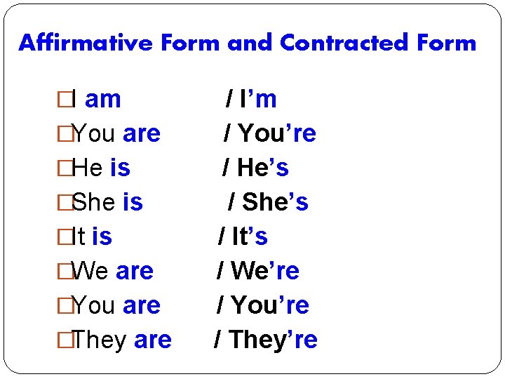 Affirmative Form and Contracted Form �I am �You are �He is �She is �It