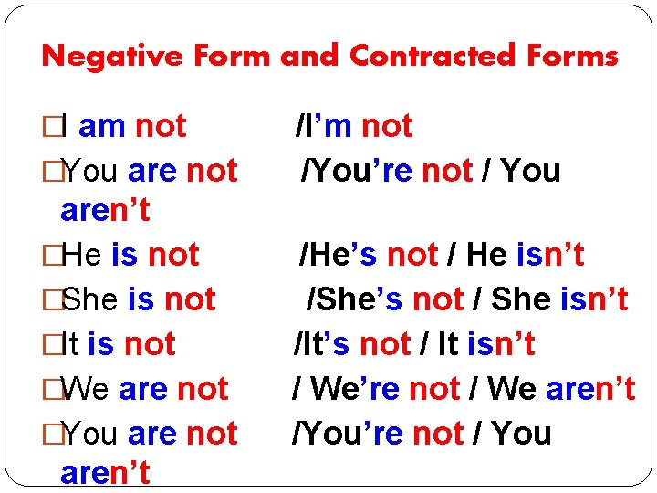 Negative Form and Contracted Forms �I am not �You are not aren’t �He is