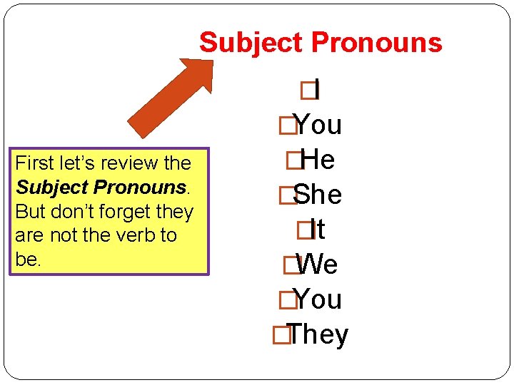 Subject Pronouns First let’s review the Subject Pronouns. But don’t forget they are not