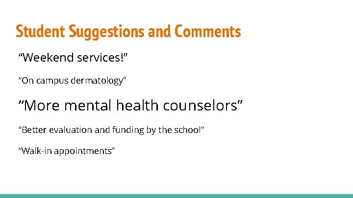 Student Suggestions and Comments “Weekend services!” “On campus dermatology” “More mental health counselors” “Better