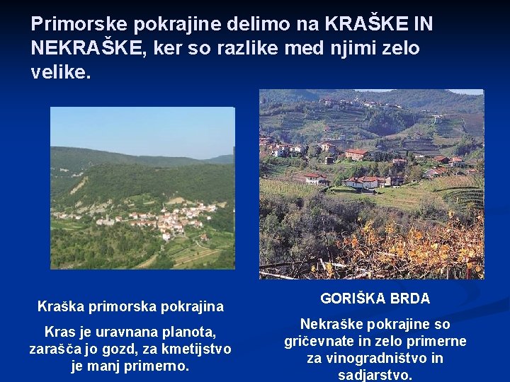 Primorske pokrajine delimo na KRAŠKE IN NEKRAŠKE, ker so razlike med njimi zelo velike.