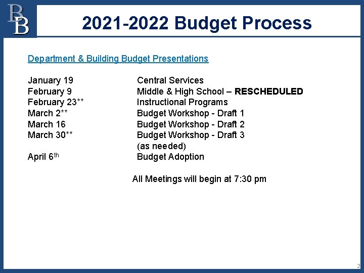 2021 -2022 Budget Process Department & Building Budget Presentations January 19 February 23** March