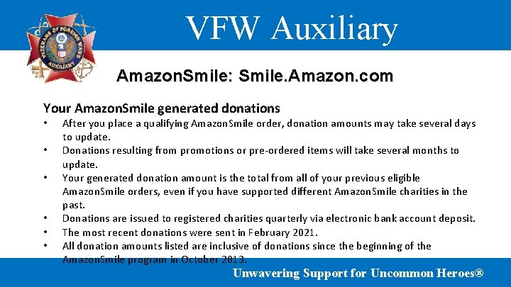 VFW Auxiliary Amazon. Smile: Smile. Amazon. com Your Amazon. Smile generated donations • •