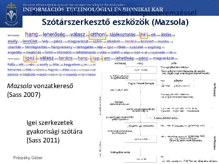 Automatizált szótárkészítés korpuszelemzéssel Szótárszerkesztő eszközök (Mazsola) Mazsola vonzatkereső (Sass 2007) Igei szerkezetek gyakorisági szótára