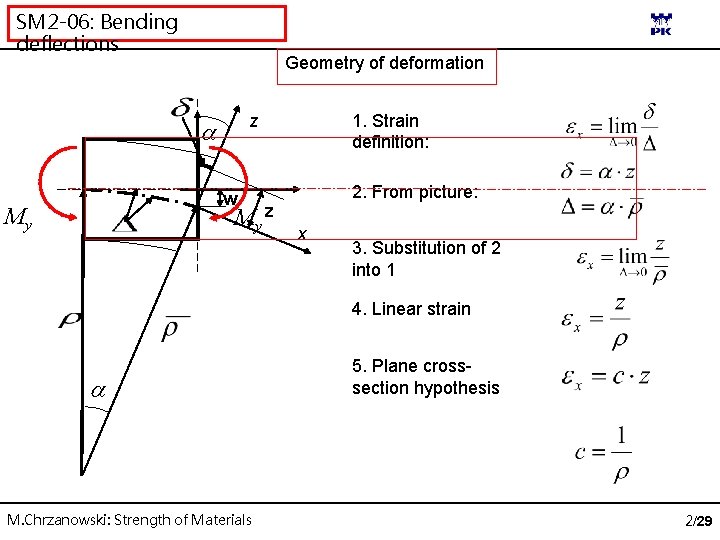 SM 2 -06: Bending deflections Geometry of deformation 1. Strain definition: z 2. From
