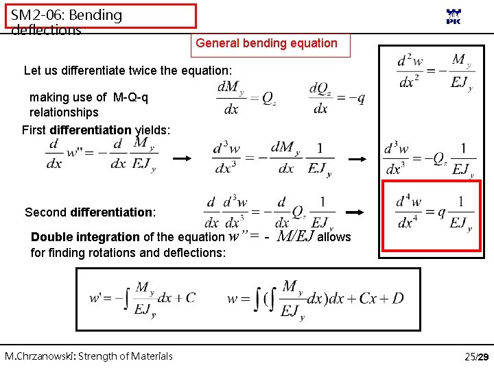 SM 2 -06: Bending deflections General bending equation Let us differentiate twice the equation: