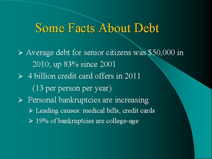 Some Facts About Debt Average debt for senior citizens was $50, 000 in 2010;