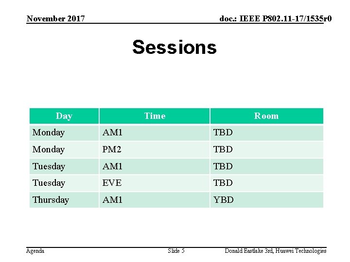 November 2017 doc. : IEEE P 802. 11 -17/1535 r 0 Sessions Day Time