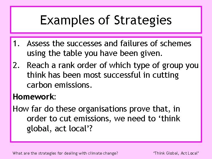 Examples of Strategies 1. Assess the successes and failures of schemes using the table
