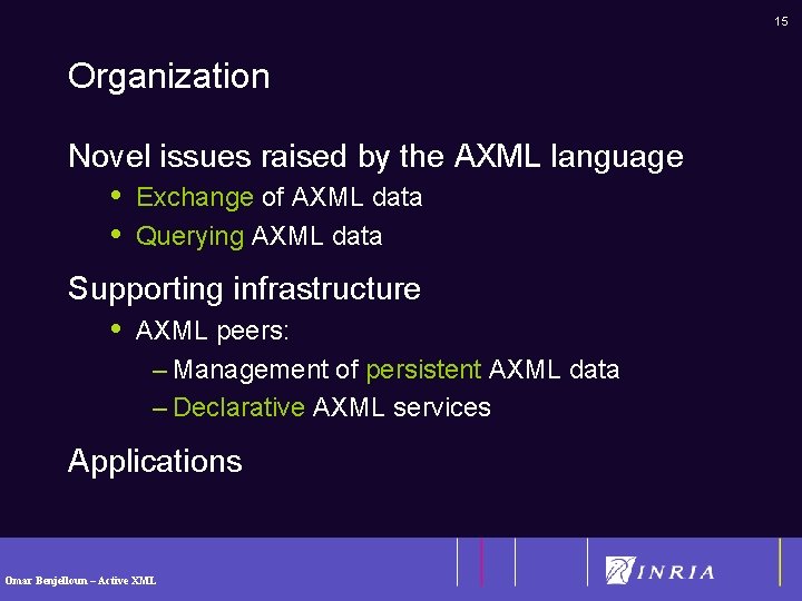 15 Organization Novel issues raised by the AXML language • • Exchange of AXML