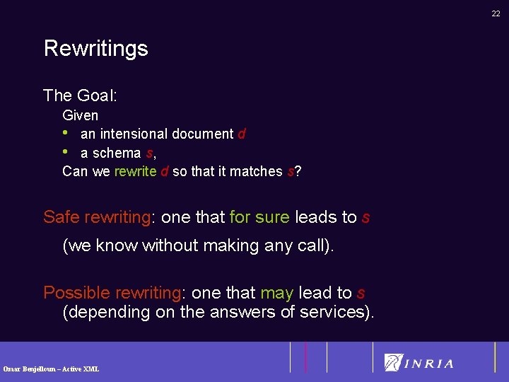22 Rewritings The Goal: Given • an intensional document d • a schema s,