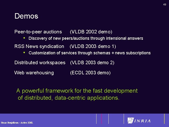 49 Demos Peer-to-peer auctions • Discovery of new peers/auctions through intensional answers RSS News