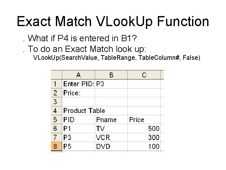 Exact Match VLook. Up Function. What if P 4 is entered in B 1?