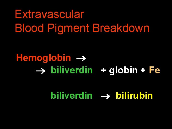 Extravascular Blood Pigment Breakdown Hemoglobin biliverdin + globin + Fe biliverdin bilirubin 