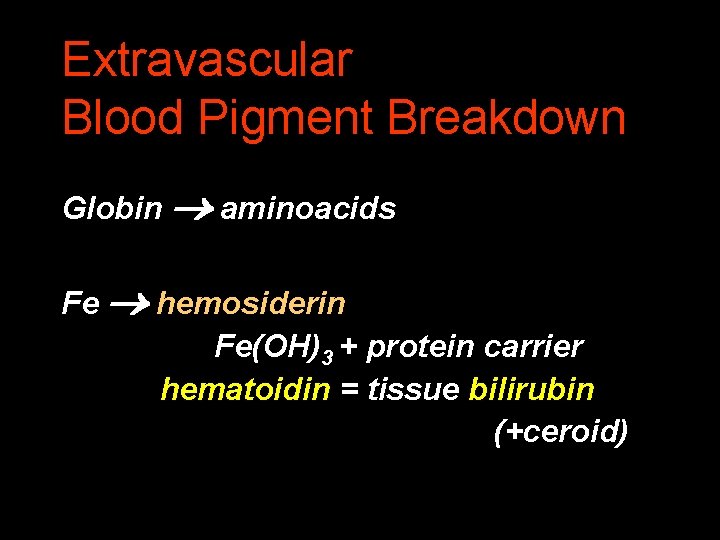 Extravascular Blood Pigment Breakdown Globin aminoacids Fe hemosiderin Fe(OH)3 + protein carrier hematoidin =